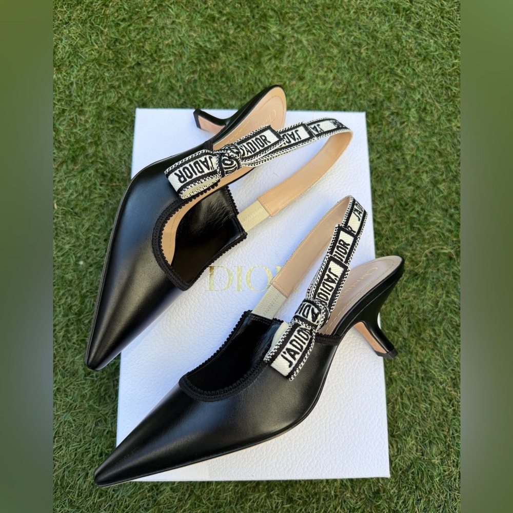 CHRISTIAN DIOR J'ADIOR BLACK CALFSKIN LEATHER SHOES SLINGBACKS KITTEN HEELS 37.5 - Picture 6 of 15
